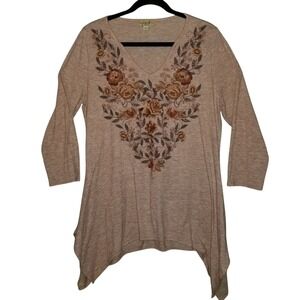 One World Embroidered Knit Top Women's Size Large 3/4 Sleeve Elegant Floral Top